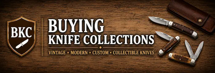 Buying Knife Collections header banner featuring the BKC shield logo and vintage, modern, custom and collectible knives branding