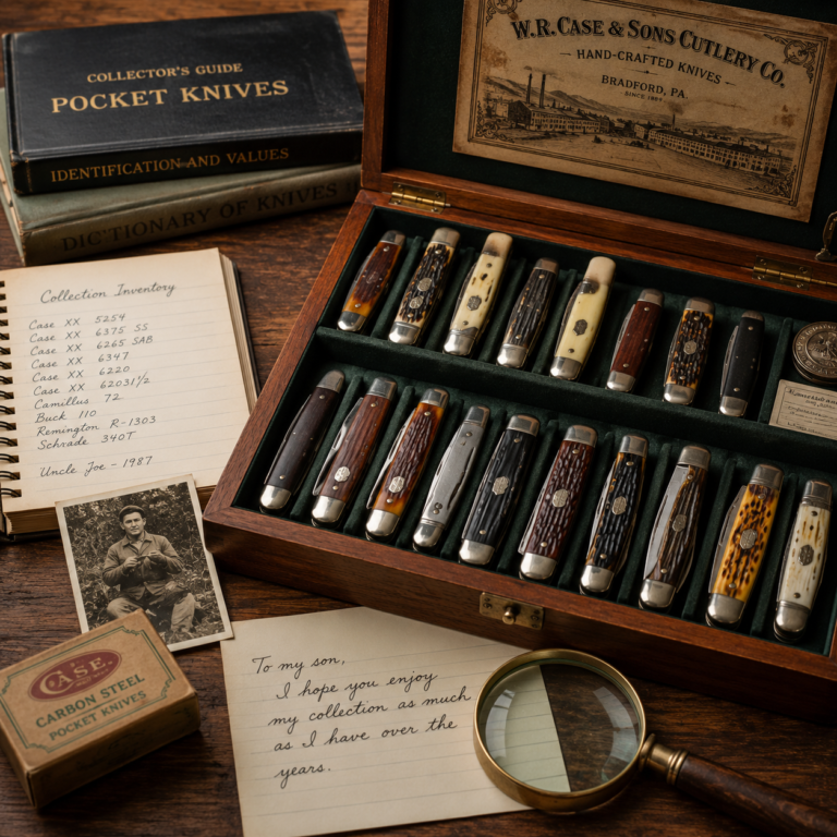 Estate sale knife collection displayed in a wooden case with vintage pocket knives and collector documents