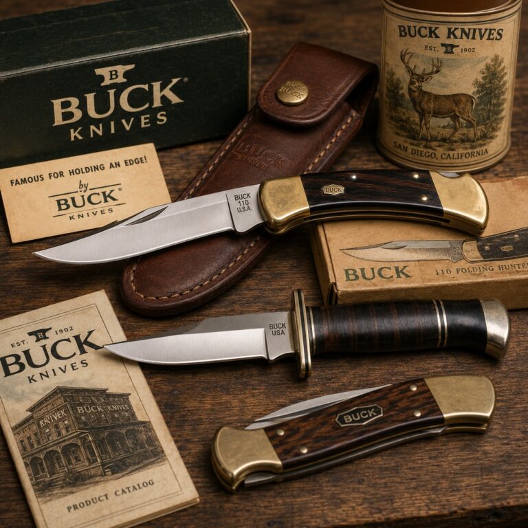 Vintage Buck knives displayed on a rustic wooden table, illustrating the history and collectible appeal of Buck Knives.