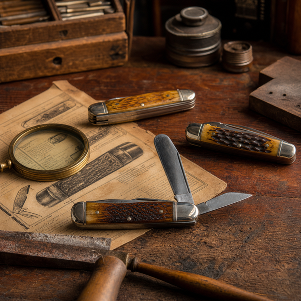 Vintage-style bone-handled pocket knives displayed on an old cutlery workbench with a catalog and magnifying glass.