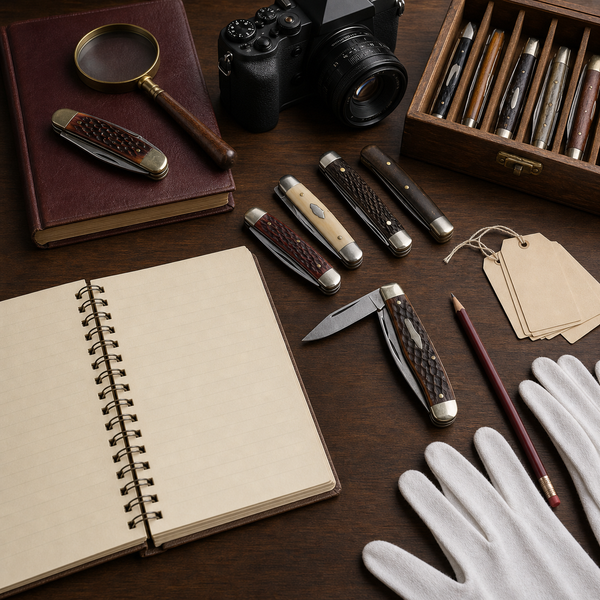 Organized knife collection being cataloged and documented