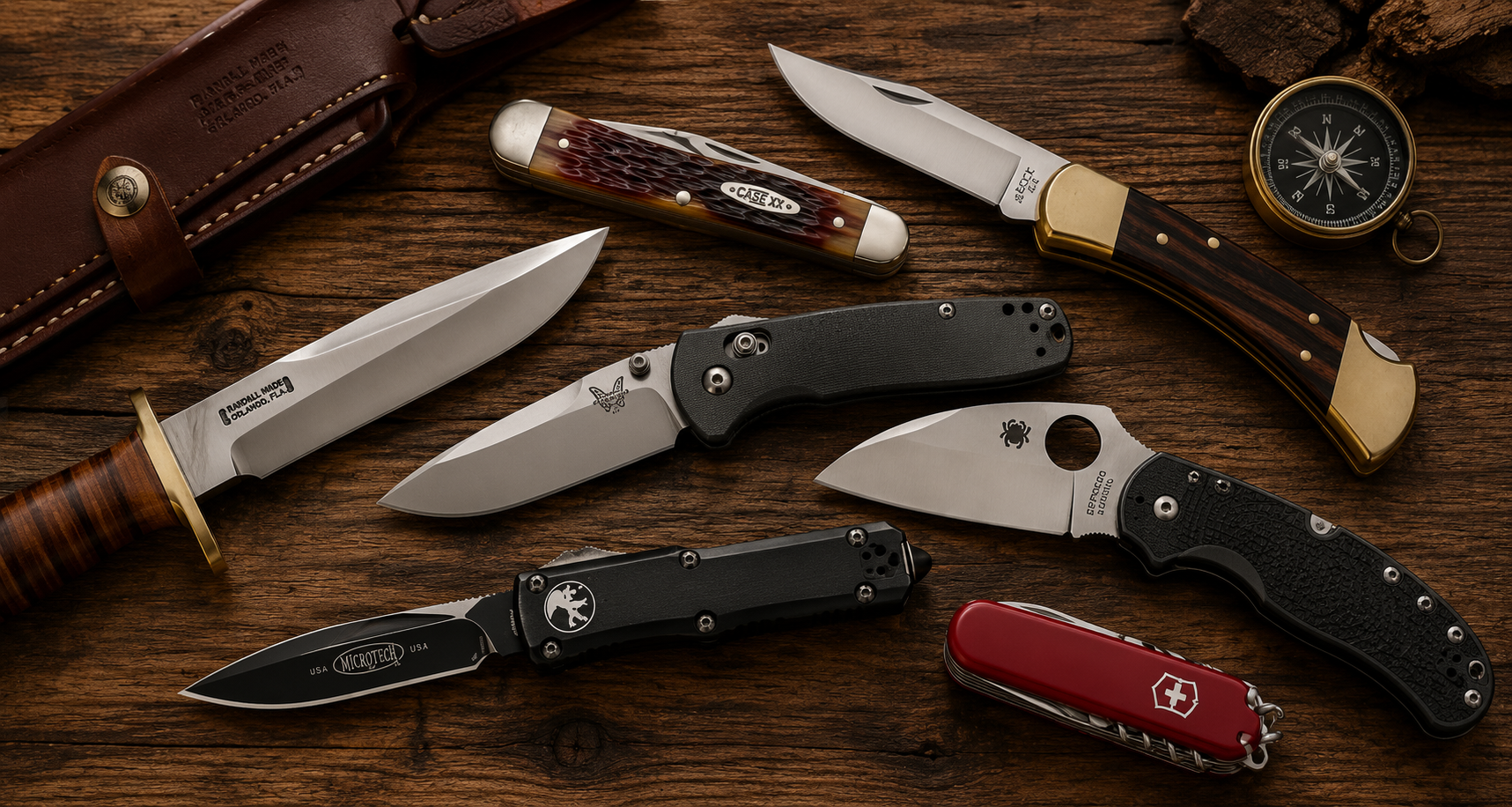 Knife brands we buy including Case XX, Buck, Randall, Benchmade, Spyderco, Microtech, and Victorinox