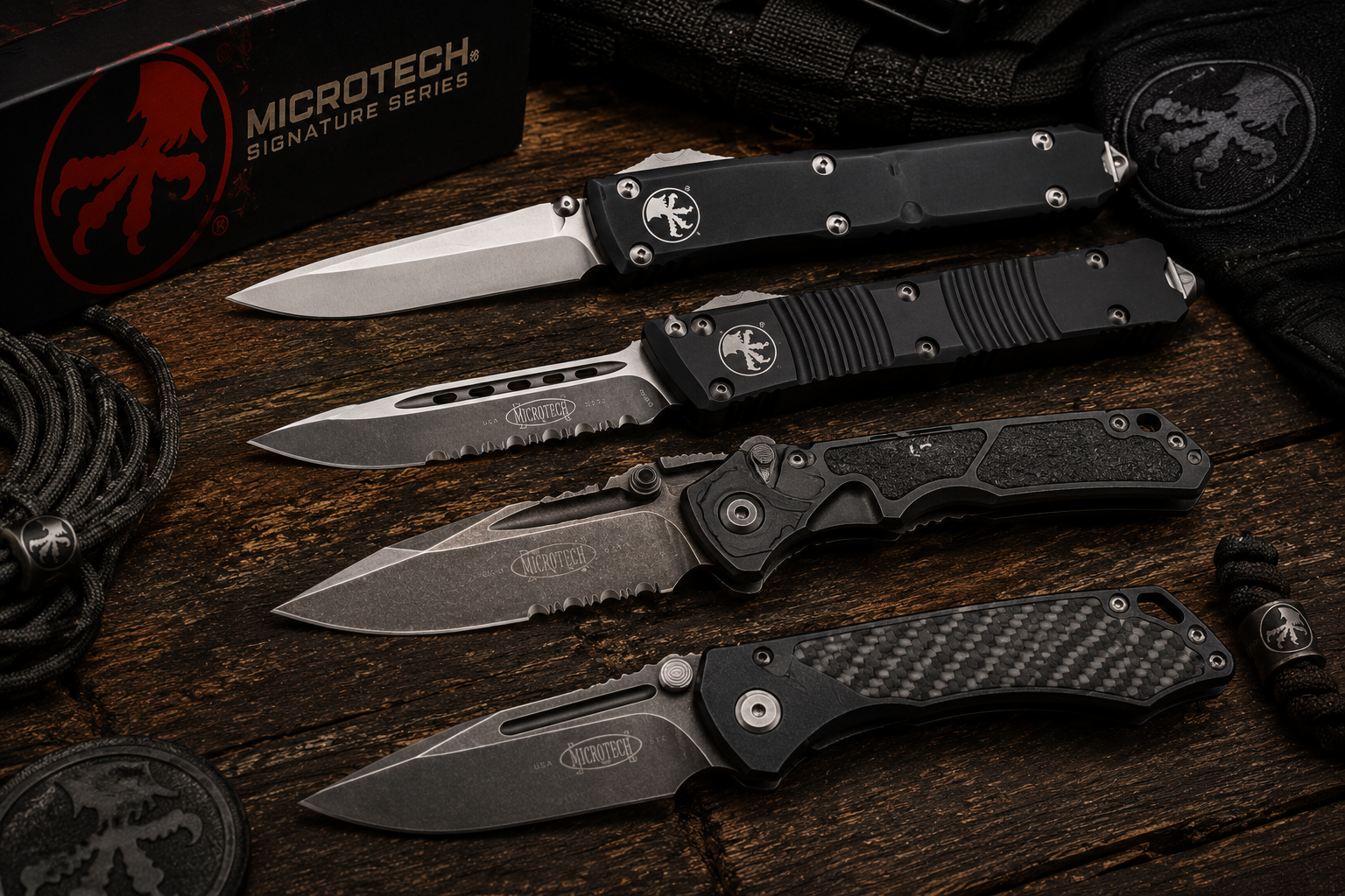Collection of authentic Microtech folding and fixed blade knives displayed on a rustic wood surface.
