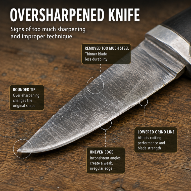 Oversharpened knife showing blade wear from improper sharpening.