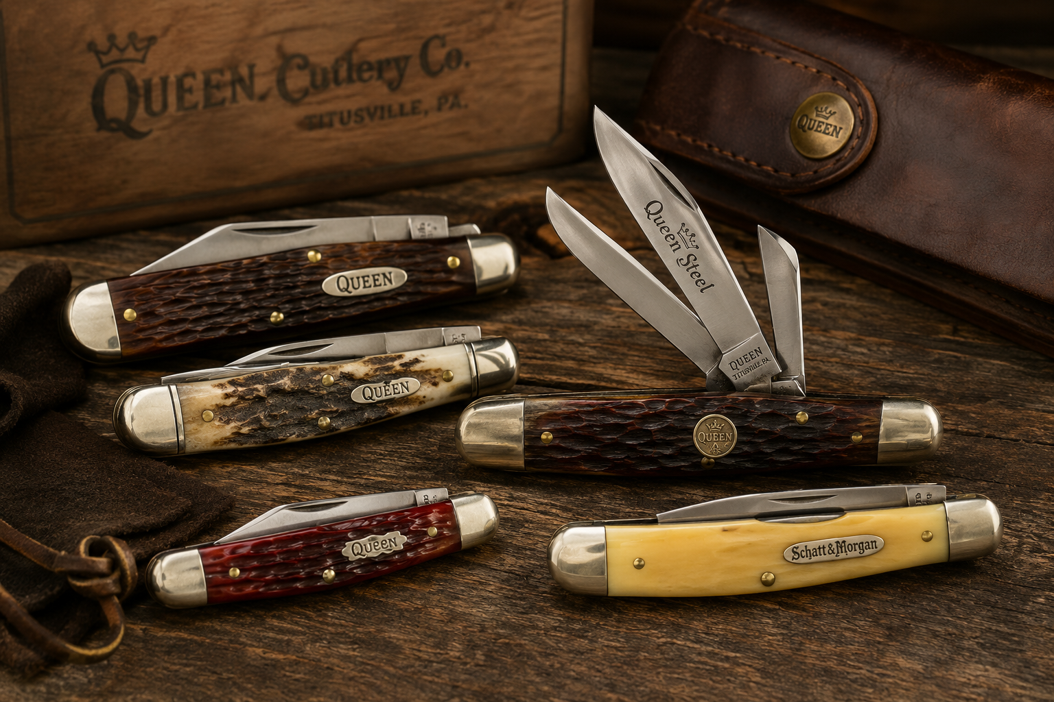 Vintage Queen pocket knife collection displayed on a rustic wooden table