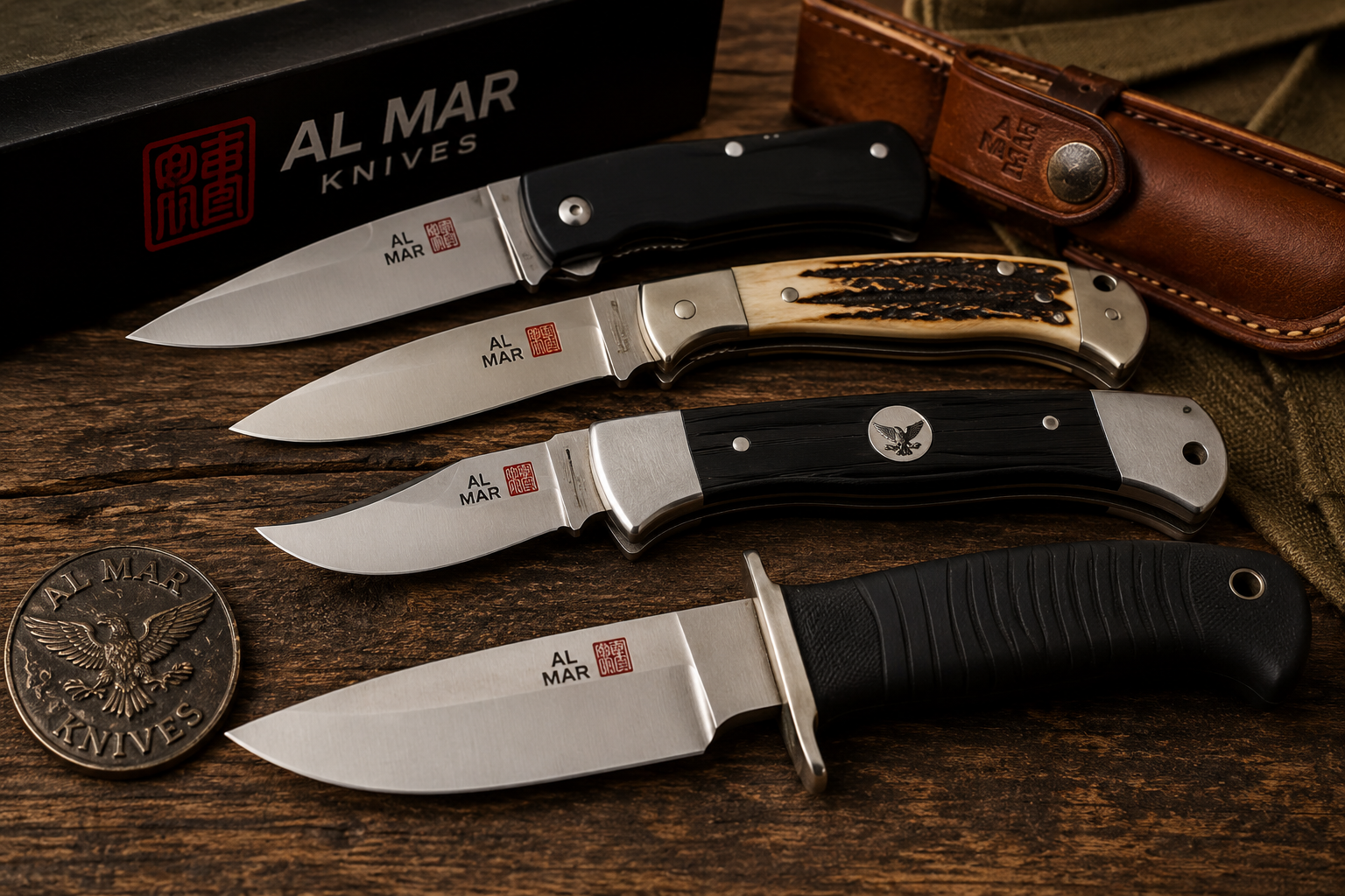 Vintage and modern Al Mar knives displayed on a rustic wood table