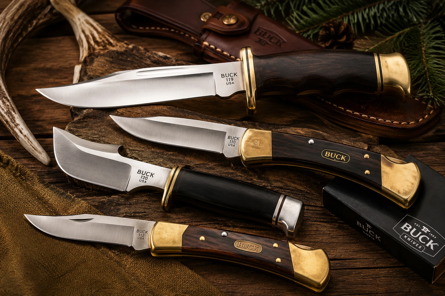 Vintage and modern Buck knives including Buck 110, 112, 119, and 120 models.