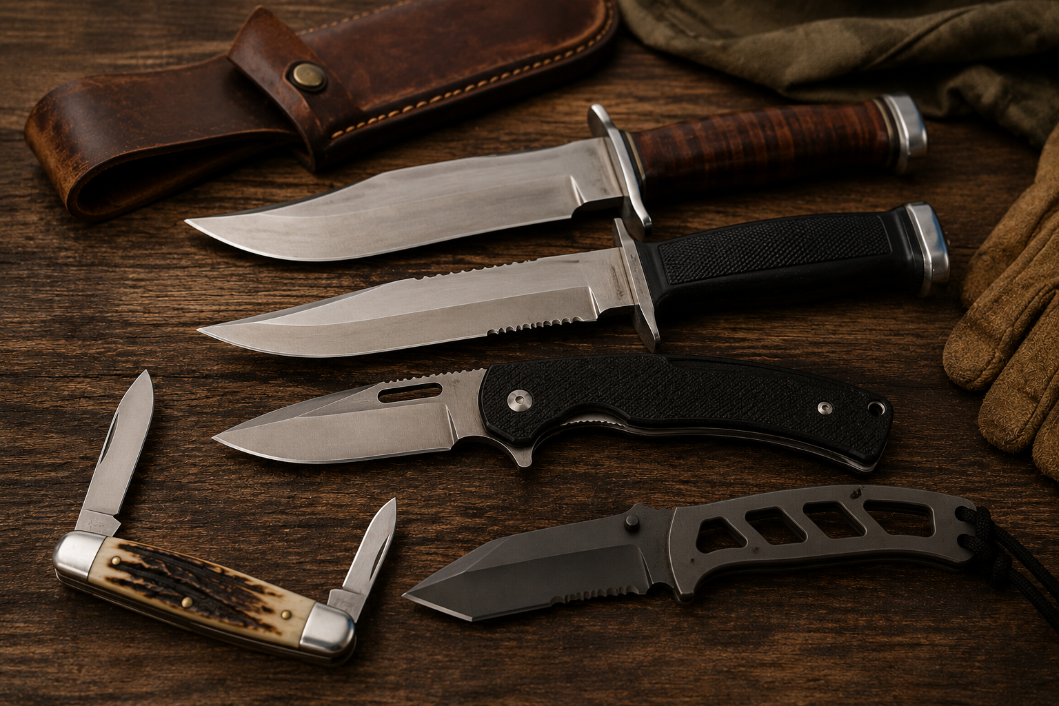Vintage and modern Gerber knives displayed on a rustic wooden tabletop