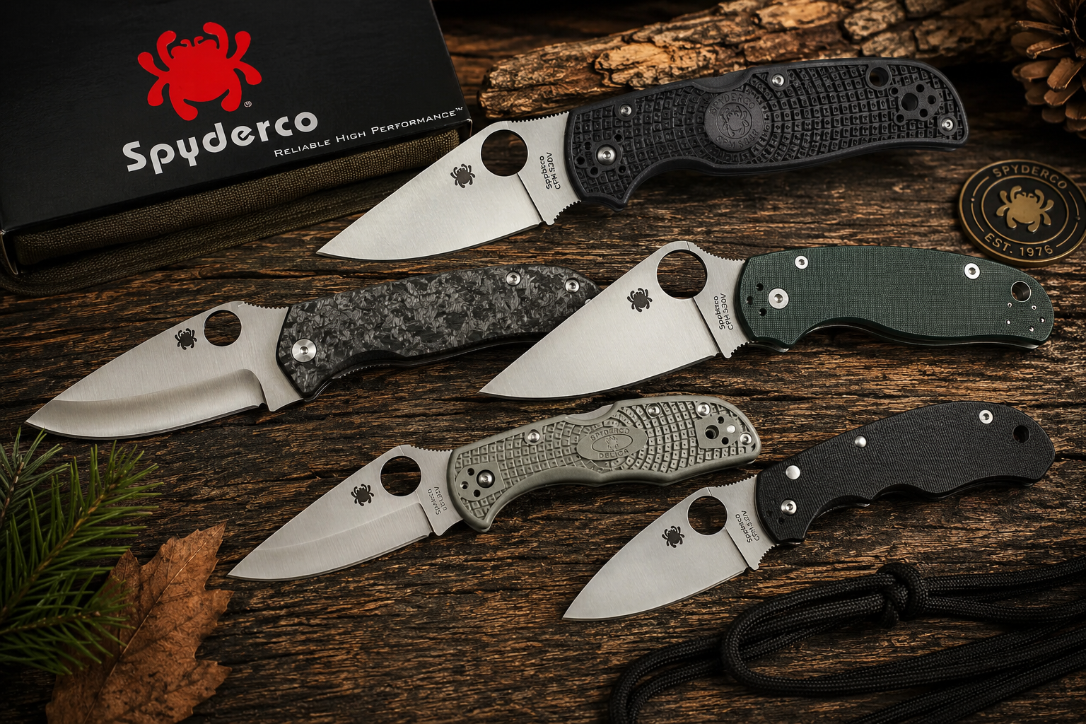 Collection of Spyderco folding knives displayed on a rustic wooden surface