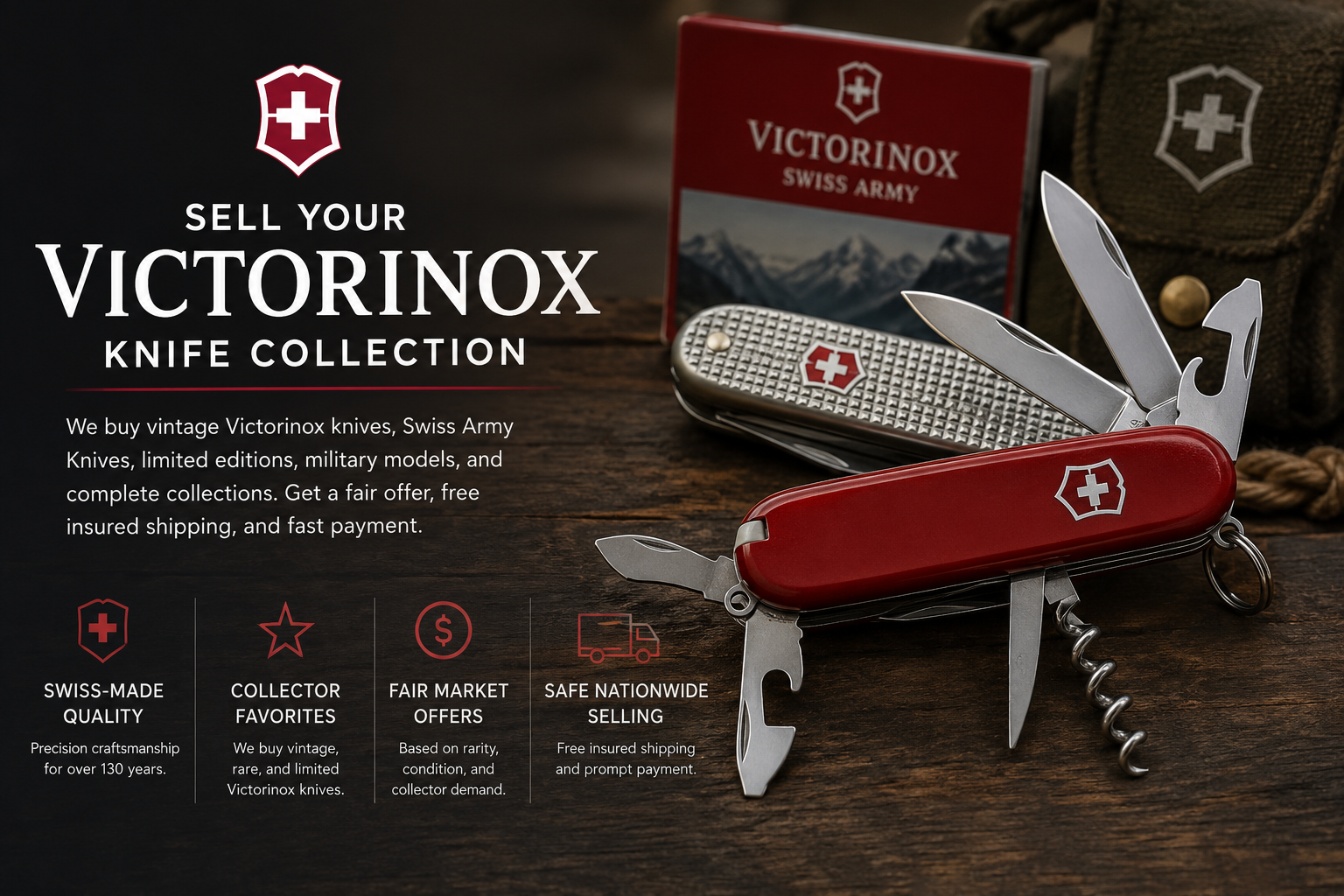 Vintage Victorinox Swiss Army knives displayed on a rustic wooden surface for collectors looking to sell their knife collection.