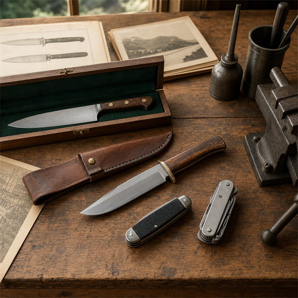 Unbranded kitchen, hunting, folding, and multi-tool designs arranged on a vintage Portland workshop bench.