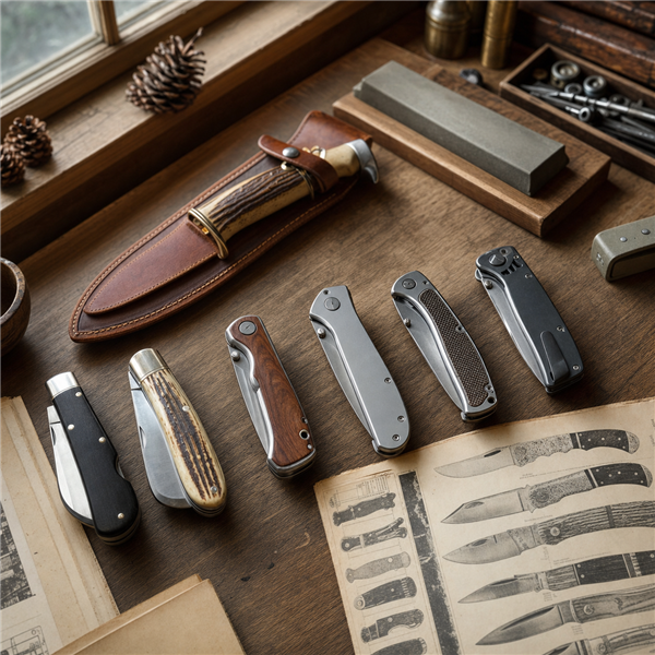 Unbranded vintage and modern folding knives arranged with archival catalogs on a warm collector’s workbench.