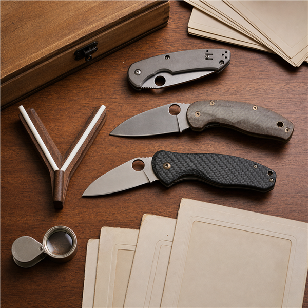 Unbranded modern folding knives, a ceramic rod sharpener, archival catalog, and storage box arranged on a collector's workbench.
