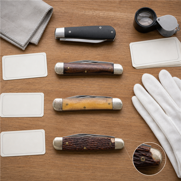 Unbranded collectible pocket knives in different conditions arranged with a loupe, blank inspection cards, and soft cloth.