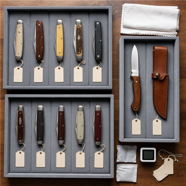 Unbranded collectible knives stored safely in lined trays with archival tags, silica gel, and separate leather sheaths.
